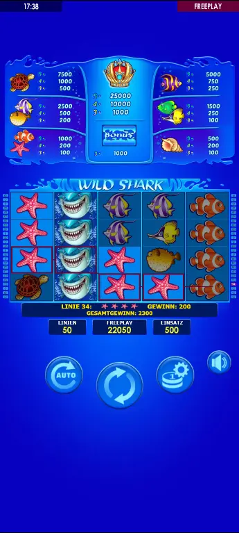 Wild Shark – Autostart-Einstellungen mit Spinlimit, Saldobetrag-Stopp und Turbo-Modus