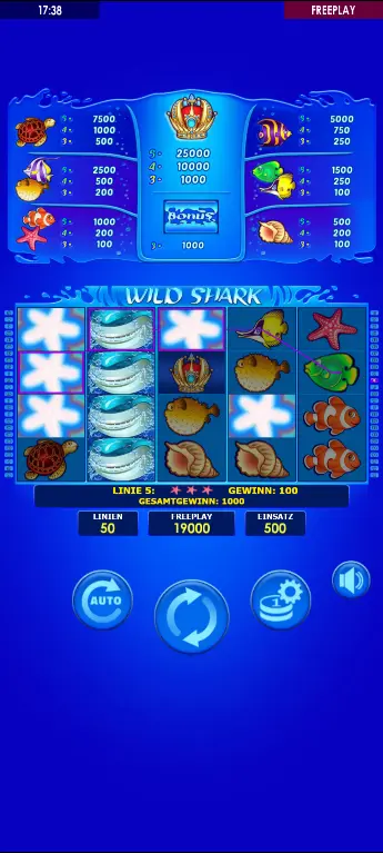 Wild Shark – gestapelte Krone-Symbole auf einer Walze neben SHARK-Wild mit großem Gewinn